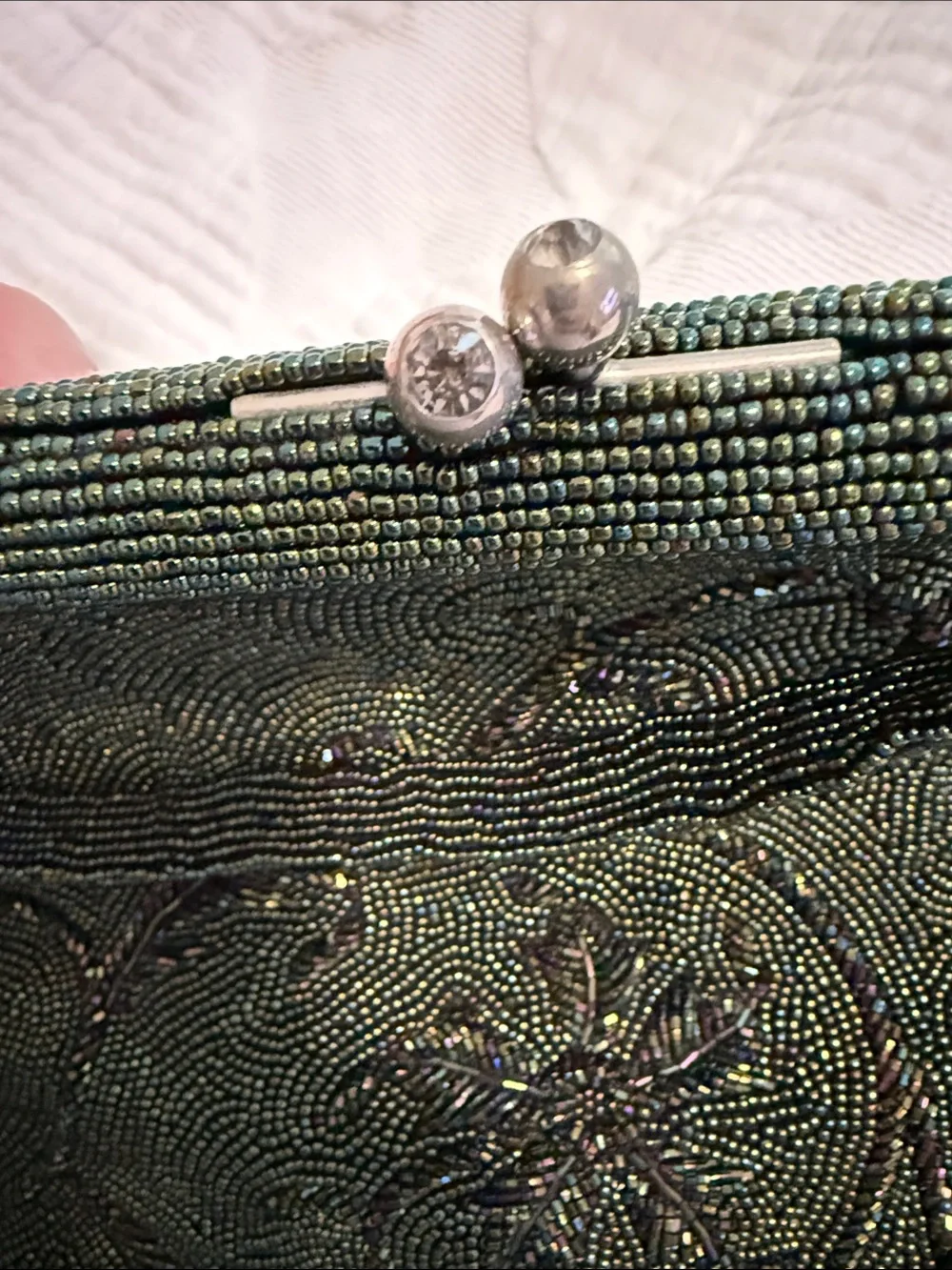 Beaded Antique Evening Handbag in Iridescent Dark Green Beads, etc All Perfect.
